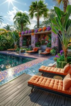 an outdoor swimming pool with lounge chairs and palm trees in the foreground, surrounded by greenery