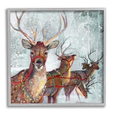 a painting of two deer with sleighs on their backs