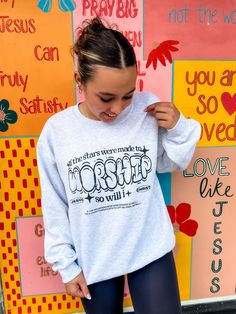 Loving God Original "Made to Worship" Crewneck Unisex sizing True to size with a looser fit Screen Printed in the USA 2025 Prayer, Made To Worship, Loving God, Bible For Kids, Prayer Board, Clothes Jewelry, Second Grade, School Ideas, Matching Sets