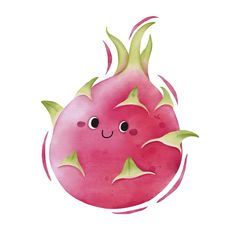 a watercolor drawing of a pink tomato with green leaves on it's head