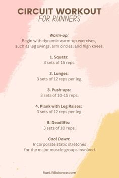 the circuit workout for runners is shown in pink, yellow and orange colors with text on it