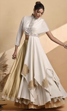 Layered Lehenga, Jacket Lehenga, Asymmetrical Jacket, Gold Lehenga, Marriage Ideas, Trendy Outfits Indian, Lehenga Designs Simple, Embroidered Motifs, Gaun Fashion