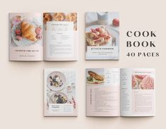 the cook book is open on top of a table with desserts and croissants