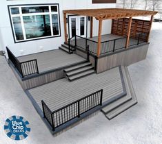 Decks deckideas TREX trexdecking pergola deckdesign Outdoor Raised Deck Ideas, Deck For Sloped Backyard, Deck Two Level, Multi Layer Deck Ideas, 12x16 Deck Ideas, 3 Tier Deck, Trex Pergola Ideas, Three Level Deck, Back Deck Steps Down To Patio