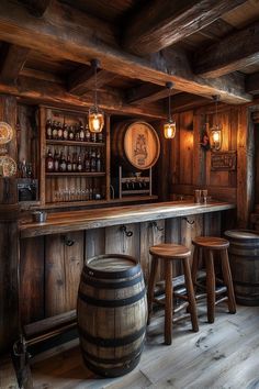 an old fashioned bar with stools and wooden barrels on the counter in front of it