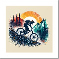 a person riding a bike in front of a mountain range with the sun setting behind them