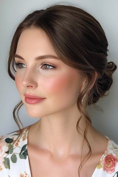 a woman with long hair wearing a flowered dress and earrings, looking to the side