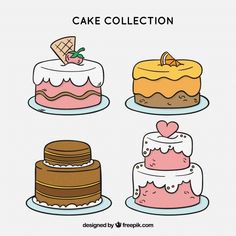 four cakes with different toppings are shown in this hand - drawn illustration, and the words cake collection is below them