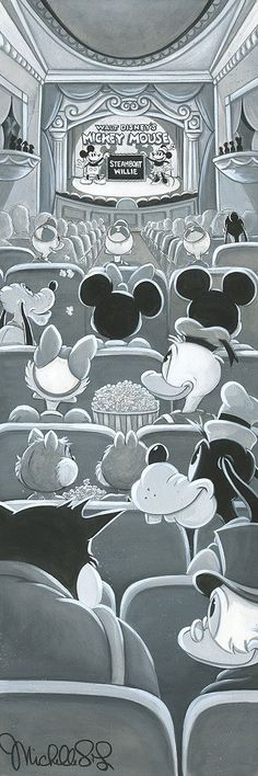 a drawing of an auditorium filled with lots of seats covered in mickey mouse heads and hats