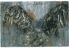 an abstract painting of two black wings on a gray background with rusted metal foil