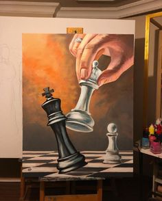 a painting of a hand holding a chess piece on top of a table next to a black and white chess board