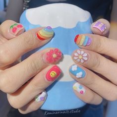 Kᴀᴍɪɴᴀʀɪ Nᴀɪʟs sᴛᴜᴅɪᴏ ⚡️ on Instagram: “🌈☁️🍒🧸💫 #ลายนี้byช่างพลอย” Hand Nail Art Design, Nail Beauty, Water Nail Designs, Nail Cute, Nail Art Cute, Almond Acrylic Nails Designs, Luv Nails, Cowboy Nails