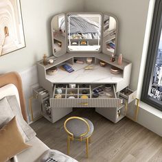 an aerial view of a bedroom with a bed, desk and mirror on the wall