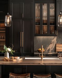 Dark Kitchen Cabinetry/ Dark cabinets that perfectly complement the kitchen's aesthetic Moody Kitchen Ideas, Moody Modern Kitchen, Dark Moody Kitchen, Moody Modern, Kitchen 2023, Bold Kitchen, Dark Kitchen, Canyon Lake