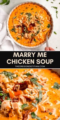 a bowl of chicken soup with spinach and carrots in it, next to a plate of pasta