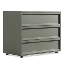 an office file cabinet with three drawers on casteors and four wheels, in grey