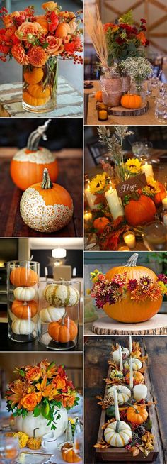 pumpkins, flowers and candles are on display