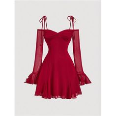 -Item Id 48771592 -Details: Knot, Ruffle, Zipper -Neckline: Spaghetti Strap -Sleeve Type: Flare Sleeve -Style: Casual -Type: A Line, Fit And Flare -Waist Line: High Waist -Hem Shaped: Flared -Color: Burgundy -Pattern Type: Plain -Sleeve Length: Extra-Long Sleeve -Fit Type: Slim Fit -Length: Mini -Material: Mesh Fabric -Composition: 95% Polyester, 5% Elastane -Lining: 89% Polyester, 11% Elastane -Care Instructions: Machine Wash Or Professional Dry Clean -Sheer: No -Fabric: High Stretch -Body: Lin Christmas Outfits For Women Classy, Formal Dress Long Sleeve, Dress Red Long, Christmas Outfits For Women, Party Dress Red, Formal Dress Long, New Years Eve Outfit, Red Long Sleeve Dress, Holiday Party Dress