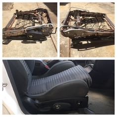 there are two pictures of the inside of a car with metal parts on top and bottom