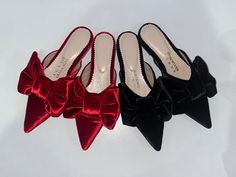 Silk Velvet Pointed Toe Mules ROSÉ With Bows - Etsy Elegant Flat Mules For Evening, Elegant Bow Heels For Fall, Party Bow Mules With Pointed Toe, Party Mules With Bow And Pointed Toe, Pointed Toe Bow Mules For Party, Party High Heel Mules With Bow, Evening Mules With Bow And Pointed Toe, Elegant Evening Mules With Bow, Chic Red Mules For Party