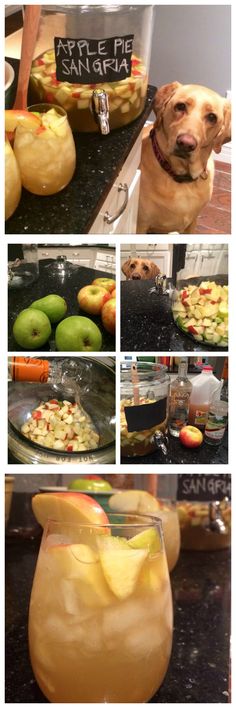 there are many pictures of apples being made in the kitchen and on the counter top