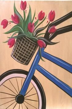 a painting of a bicycle with flowers in the basket