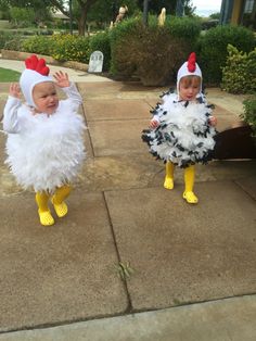 two babies dressed in chicken costumes on the sidewalk