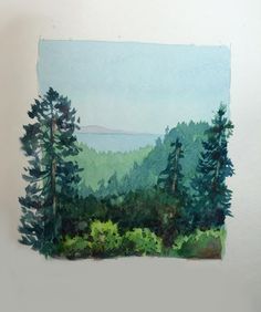 watercolor painting of trees and mountains in the distance