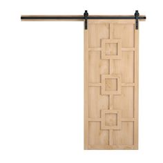 an open wooden door with black metal bars on the top and bottom, against a white background