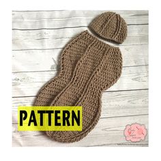 a crocheted hat and mitten are shown on a white wooden background with the words pattern below it