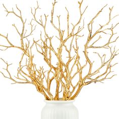 a white vase with gold branches in it