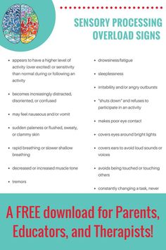 Free printable sheet of signs of sensory processing overload for occupational therapists, parents, or teachers of kids with sensory processing needs. #SPD #sensory #sensoryoverload #sensoryprocessing #occupationaltherapy #autism Sensory Processing Disorder Symptoms, Sensory Disorder, Sensory Therapy, Auditory Processing, Sensory Diet, Sensory Overload, Processing Disorder, Sensory Integration, Sensory Issues