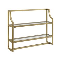 a gold metal shelf with glass shelves on each side and two clear shelves below it