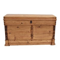 an old wooden chest is shown against a white background