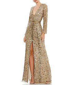 Women's Dresses & Gowns | Dillard's Gold Gown, Sheath Gown, Sleeve Gown, Unique Prom Dresses, Long Sleeve Gown, Column Gown, Plunge Neckline, Mac Duggal, Mesh Overlay