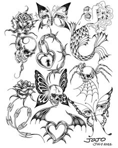 an image of tattoos with skulls and flowers on them, including hearts, roses, butterflies,