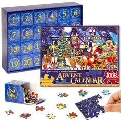 a christmas puzzle is shown with pieces missing from the box and in front of it