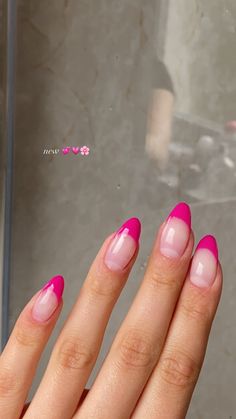 Pink french tip almond shaped nails Fuschia Nails French Tip, Dark Pink French Tip Nails Coffin, Raspberry French Tip Nails, Dark Pink Tip Nails, Magenta French Nails, Deep Purple French Tip Nails, Fuschia French Tip Nails, Magenta French Tip Nails, Dark Pink French Tip Nails