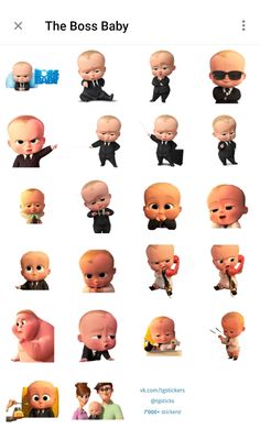 the boss baby character is shown in many different positions and sizes, including one with glasses