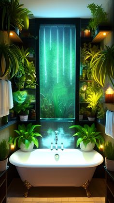 there is a bathtub in the bathroom with plants on the wall and lights around it