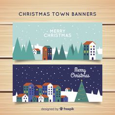 two christmas banners with houses and trees