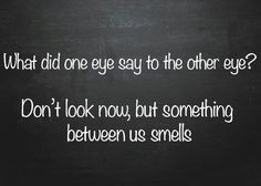 a blackboard with the words what did one eye say to the other eye? don't look now, but something between us smells