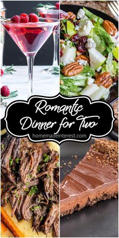 romantic dinner for two including a drink, salad, main dish and dessert Salad Main Dish, Cocktail Salad, Dinner Date At Home, Date At Home, Best Easy Dinner Recipes, Night Dinner Recipes, Valentine's Dinner