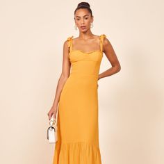 Nikita Dress Perfect Classic And Flattering Midi Dress In A Color Sold Out Online! The Ochre Nikita Is A Golden Yellow, Gold, Or Mustard Yellow Color Pricing Is Somewhat Firm As I Would Keep It If I Had An Event To Wear It To! $278 Ankle Alert. The Nikita Is Fitted In The Bodice And Waist With A Relaxed Fitting Skirt. This Midi Length Dress Has A Ruffle Edged Neckline, Adjustable Strap Ties, And A Trumpet Skirt. It Gives You A Pretty Good Balance Of Comfort And Shape. - Center Back Zipper - Line Yellow Ruffled Dress For Brunch, Yellow Sleeveless Dresses For Brunch, Fitted Yellow Midi Dress With Ruffles, Yellow Fitted Midi Dress With Ruffles, Chic Yellow Dress For Brunch, Mustard Sleeveless Midi Dress For Brunch, Chic Sleeveless Mustard Maxi Dress, Yellow Midi Length Dress, Sleeveless Mustard Dresses For Brunch