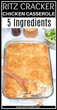 a casserole dish filled with chicken and rice, topped with a wooden spoon