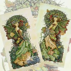 two cards with an image of a woman in green dress and leaves on the back