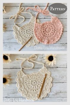 two crocheted baby bibs are shown with flowers on the side and bottom