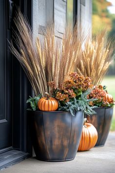 two pumpkins are sitting in large planters on the front door sill outside