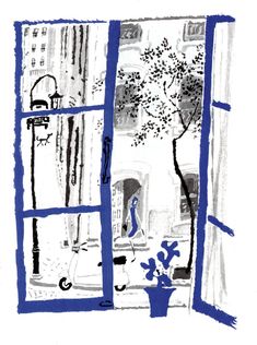 a drawing of an open window with a blue plant in the foreground and a tree outside