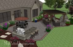 an outdoor kitchen and dining area is depicted in this computer rendering